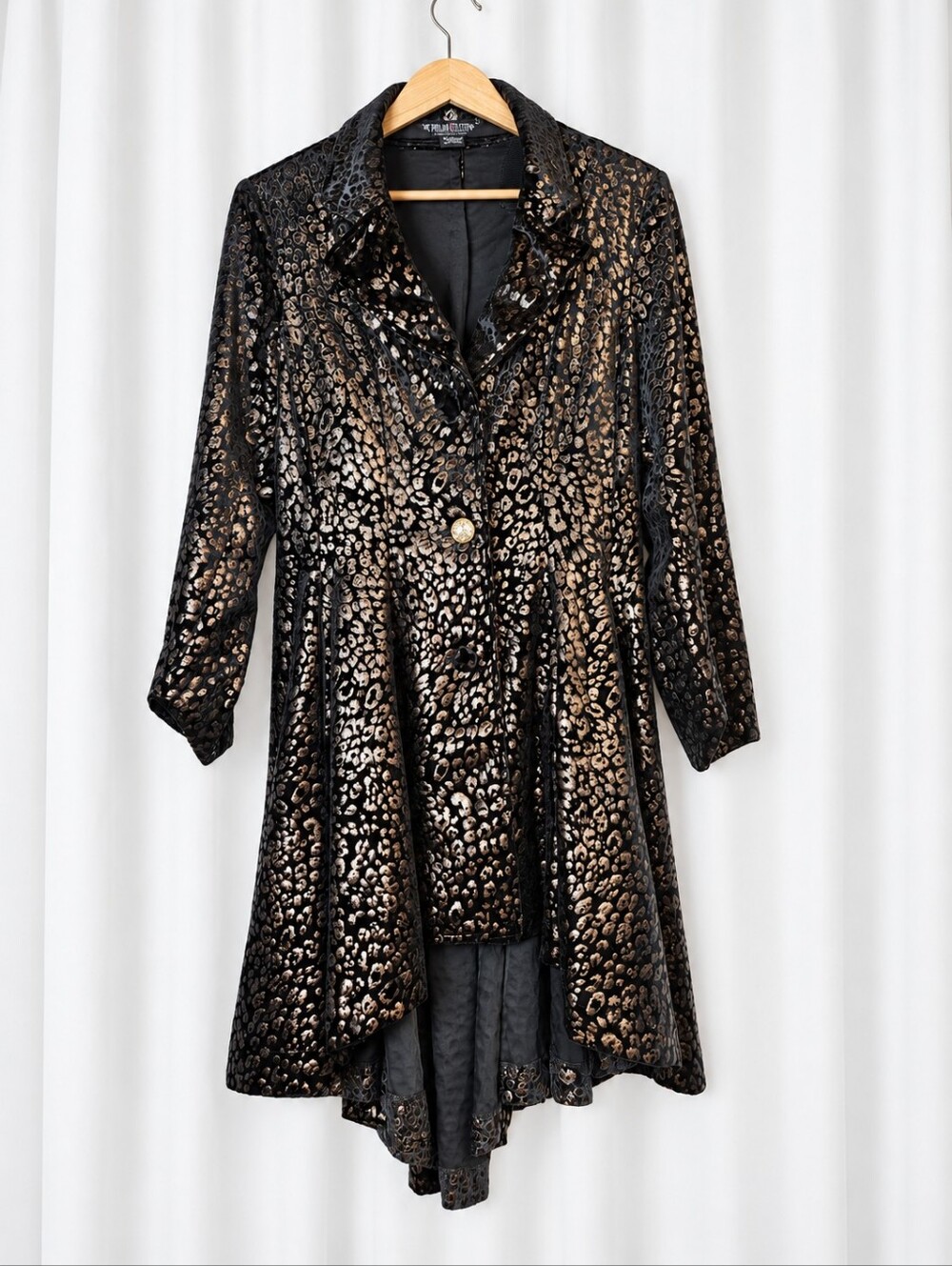 The Pyramid Collection Vintage Black Gold Leopard Velvet High Low Frock Jacket